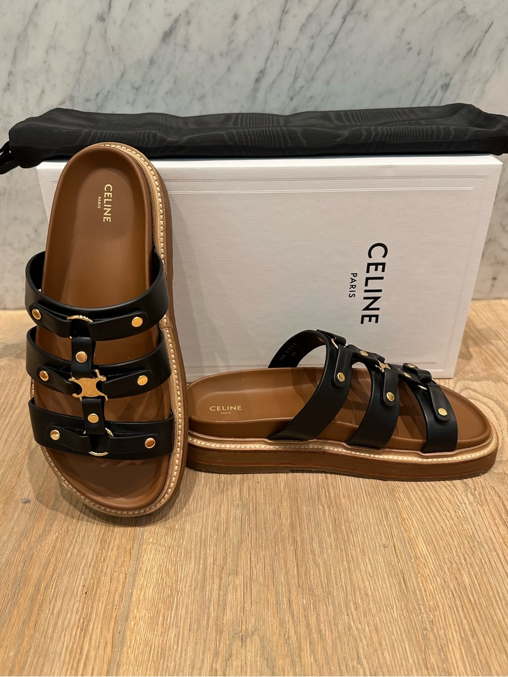 Celine Tippi Slide Sandals in Black Leather